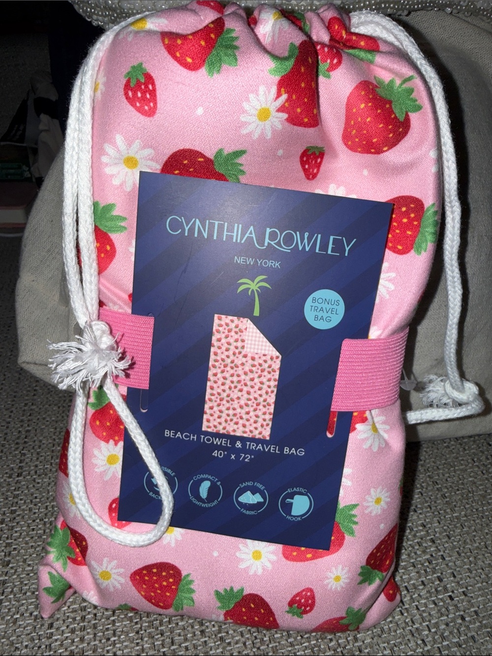Cynthia Rowley Pink Strawberry Print Beach Towel & Drawstring Bag
